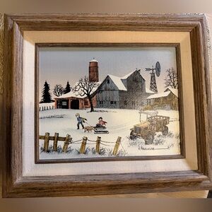 H. Hargrove Winter Farmhouse Oil Painting Framed